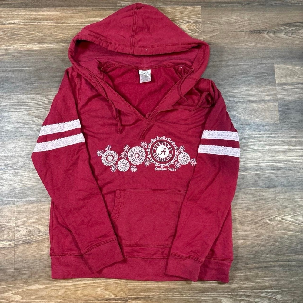 Burgundy Alabama Crimson Tide hoodie with white floral and circular graphic